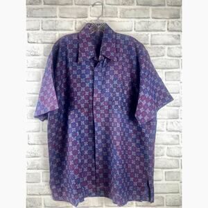ALLURE Batik Shirt Men XXL Cotton Short Sleeve Geometric Floral Red White Blue